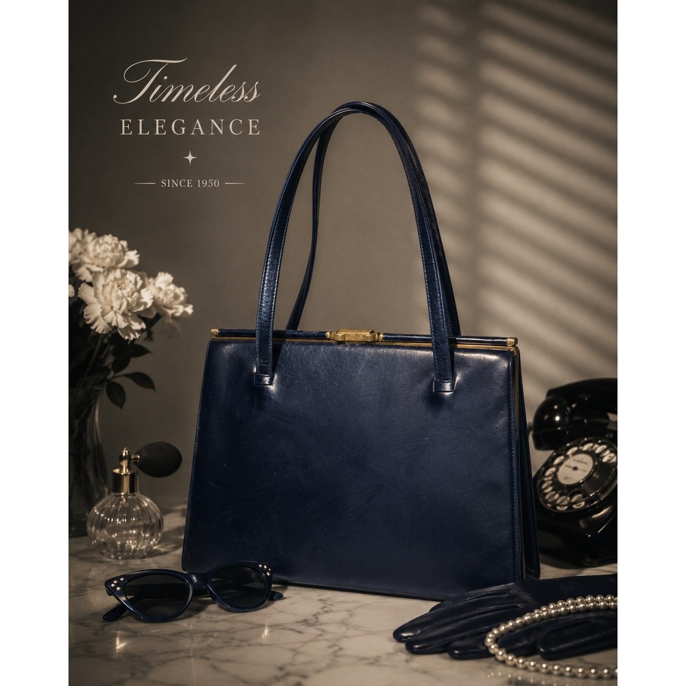 Vintage Navy Structured Leather Handbag Gold Frame Purse England Old Money